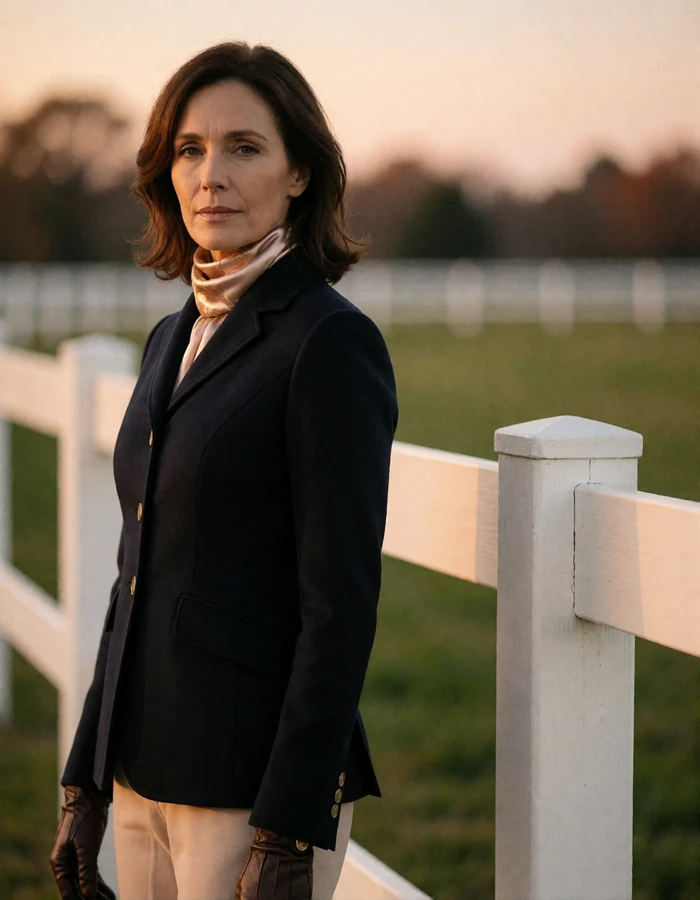 Woman in a fitted navy riding jacket beside a white estate fence, an illustrative cougar dating profile portrait