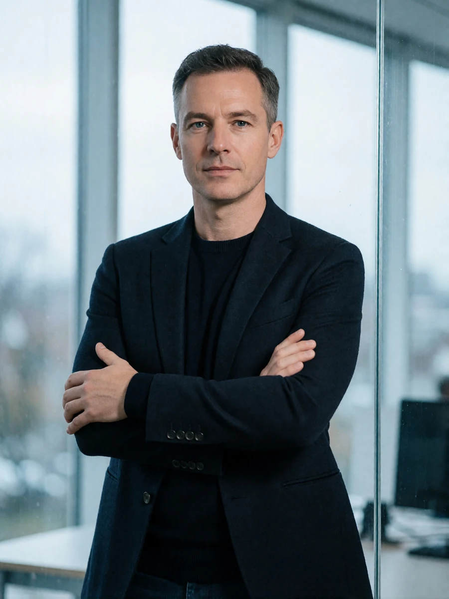 Man in his early forties in a dark knit sweater standing in a bright glass-walled Seattle workspace, an illustrative member profile portrait