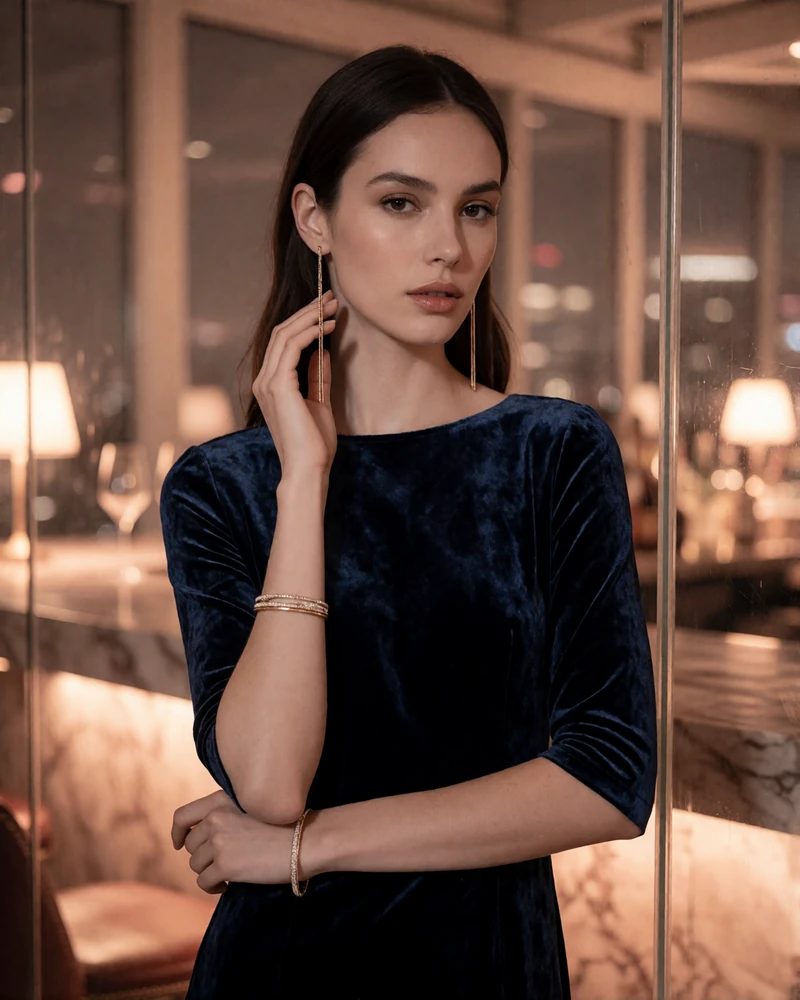 Woman with sleek dark hair in a midnight-blue velvet dress, an illustrative Denver member profile portrait
