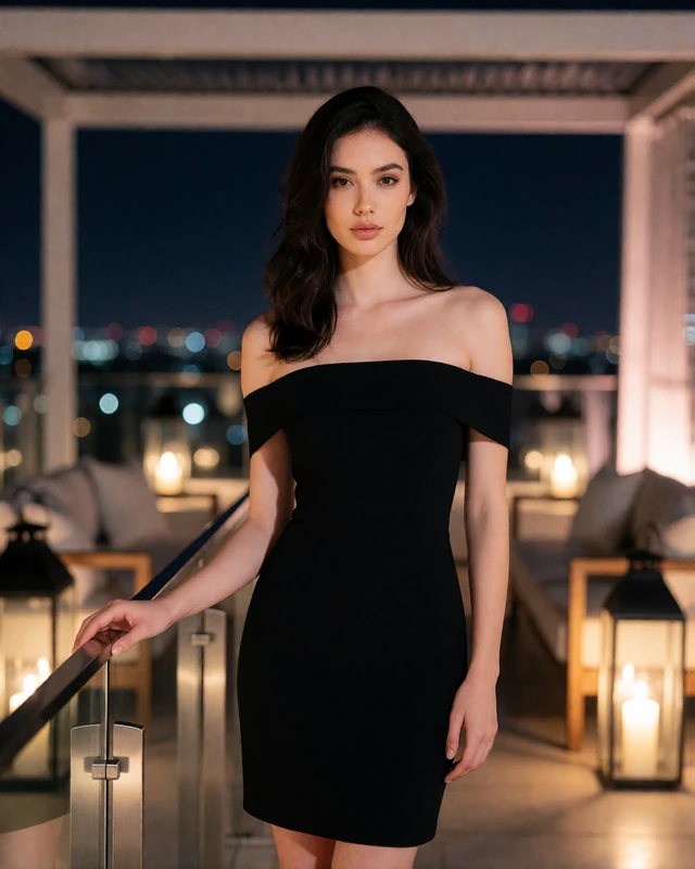Woman with dark wavy hair in a black off-shoulder dress on a rooftop lounge, an illustrative Meatpacking District member profile portrait