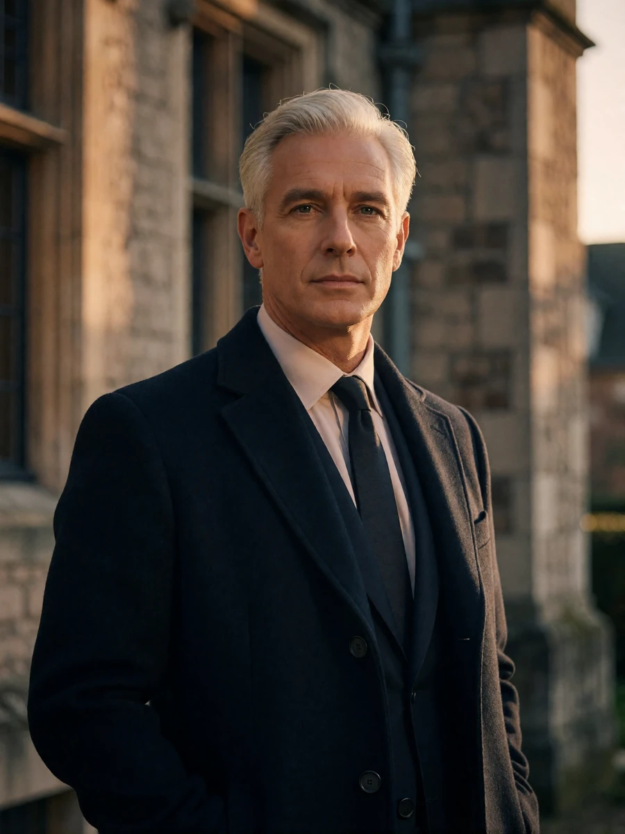 Silver-haired man in a dark tailored overcoat outside a historic stone building at evening, an illustrative Chicago member profile portrait