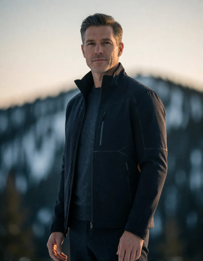 Man in his forties in a technical dark jacket standing outdoors with a blurred mountain ridge behind him, an illustrative Denver member portrait