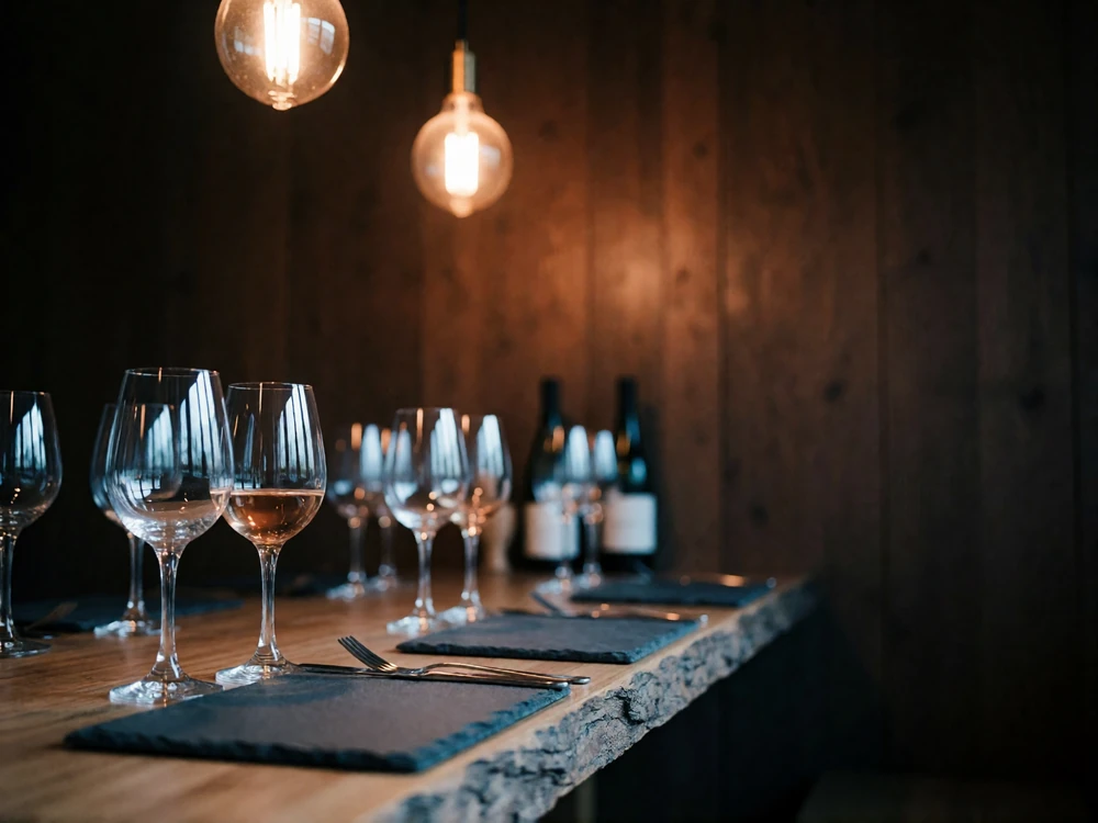 Intimate Pacific Northwest tasting room table with wine glasses and warm pendant lighting