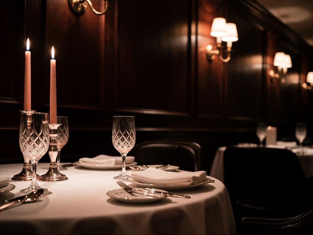 Private dining room in an upscale Dallas steakhouse with candlelight and polished silver