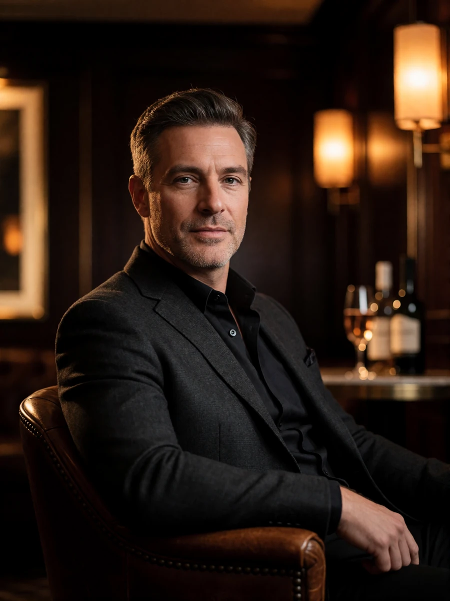 Man in a charcoal blazer seated in a leather lounge chair, an illustrative Dallas member profile portrait