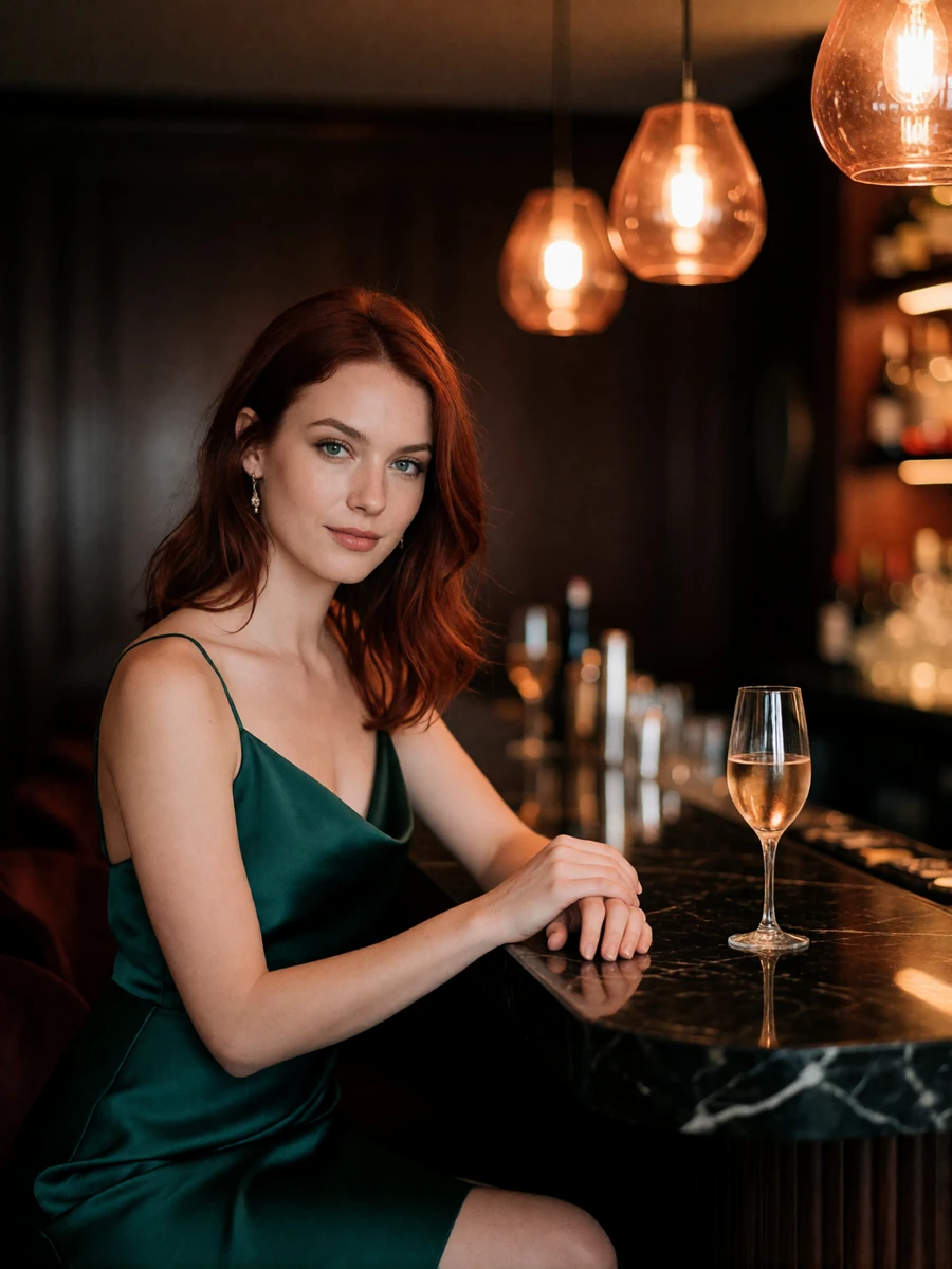 Woman with auburn hair in an emerald cocktail dress at a hotel bar, an illustrative Orlando member profile portrait