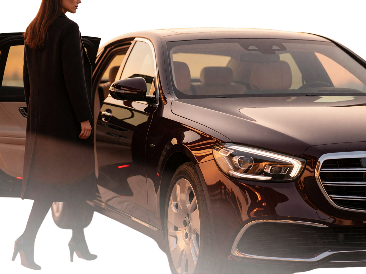 Elegant woman in a dark coat stepping out of a luxury sedan at night, an illustrative arrival scene for a discreet Nashville date