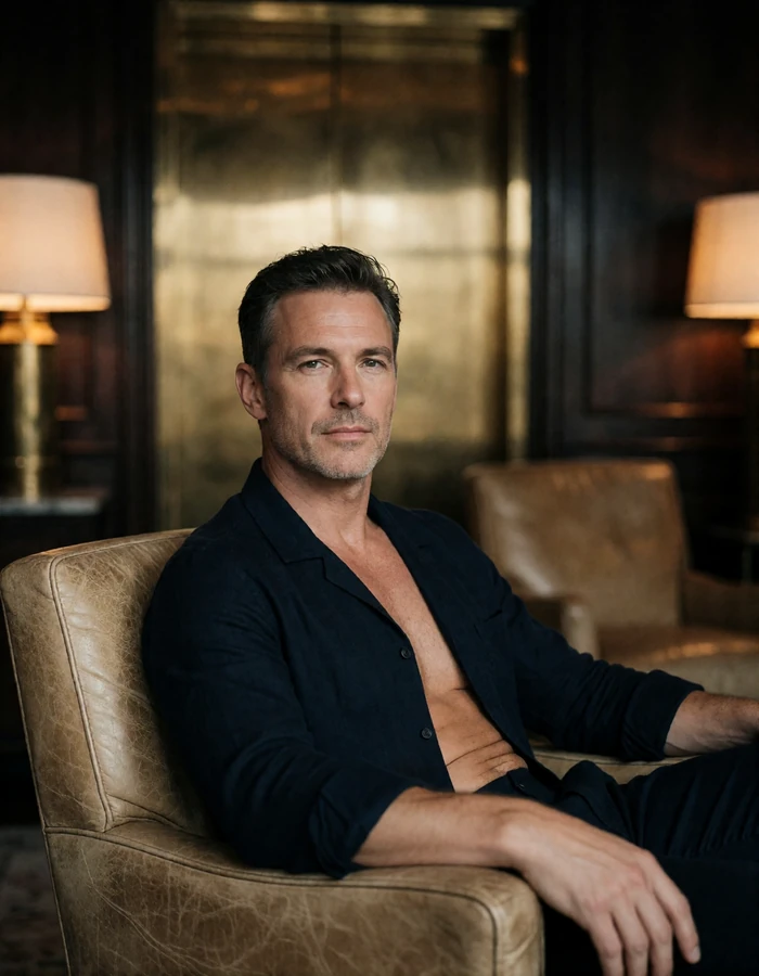Man in a dark open-collar shirt seated in a leather armchair in a private lounge, an illustrative San Antonio member profile portrait