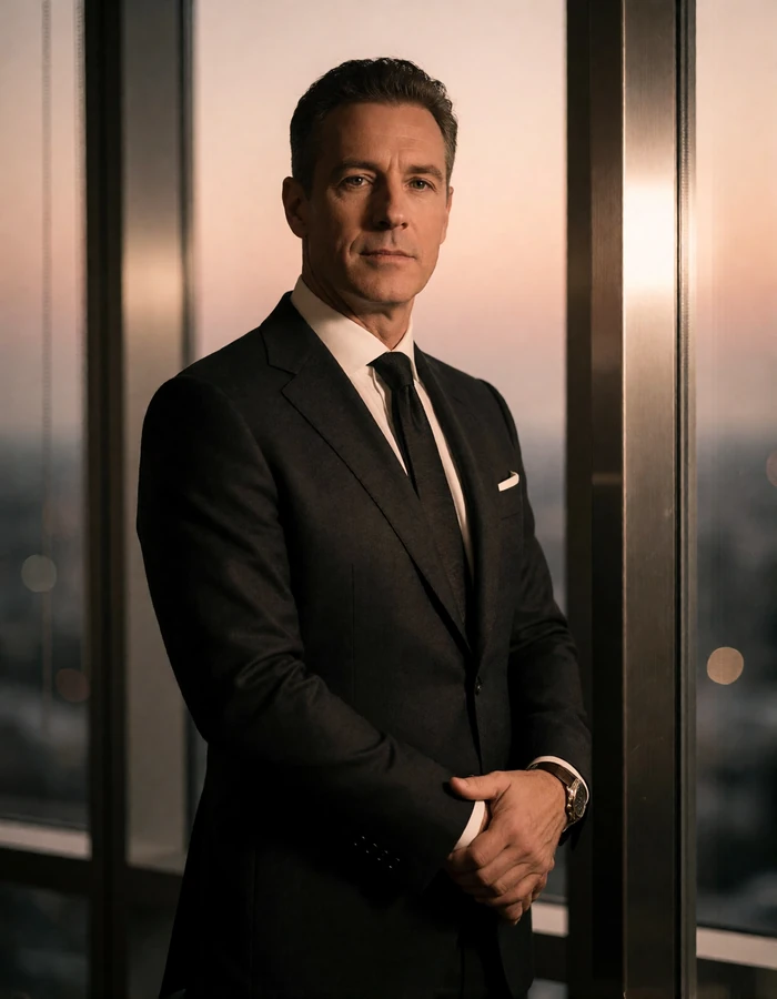 Distinguished man in a charcoal tailored suit beside a tall office window at dusk, an illustrative sugar daddy profile portrait