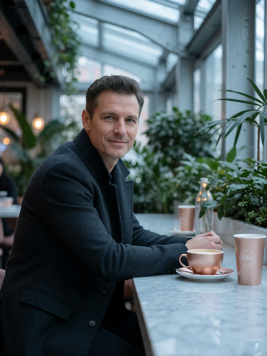 Man in his late forties in a charcoal overcoat at a marble café counter in a plant-filled atrium, an illustrative member profile portrait