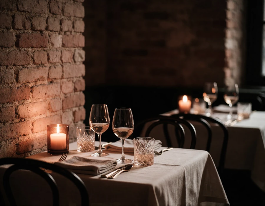 Intimate candlelit dining table beside an exposed brick wall in German Village, Columbus