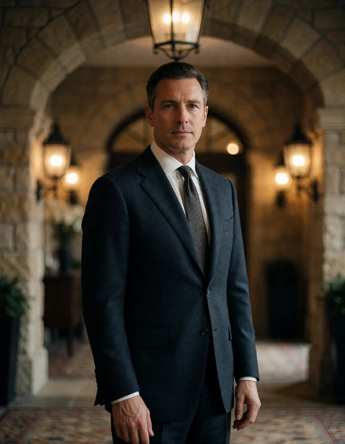 Man in a tailored charcoal suit standing in a stone-arched hotel lobby, an illustrative San Antonio member profile portrait