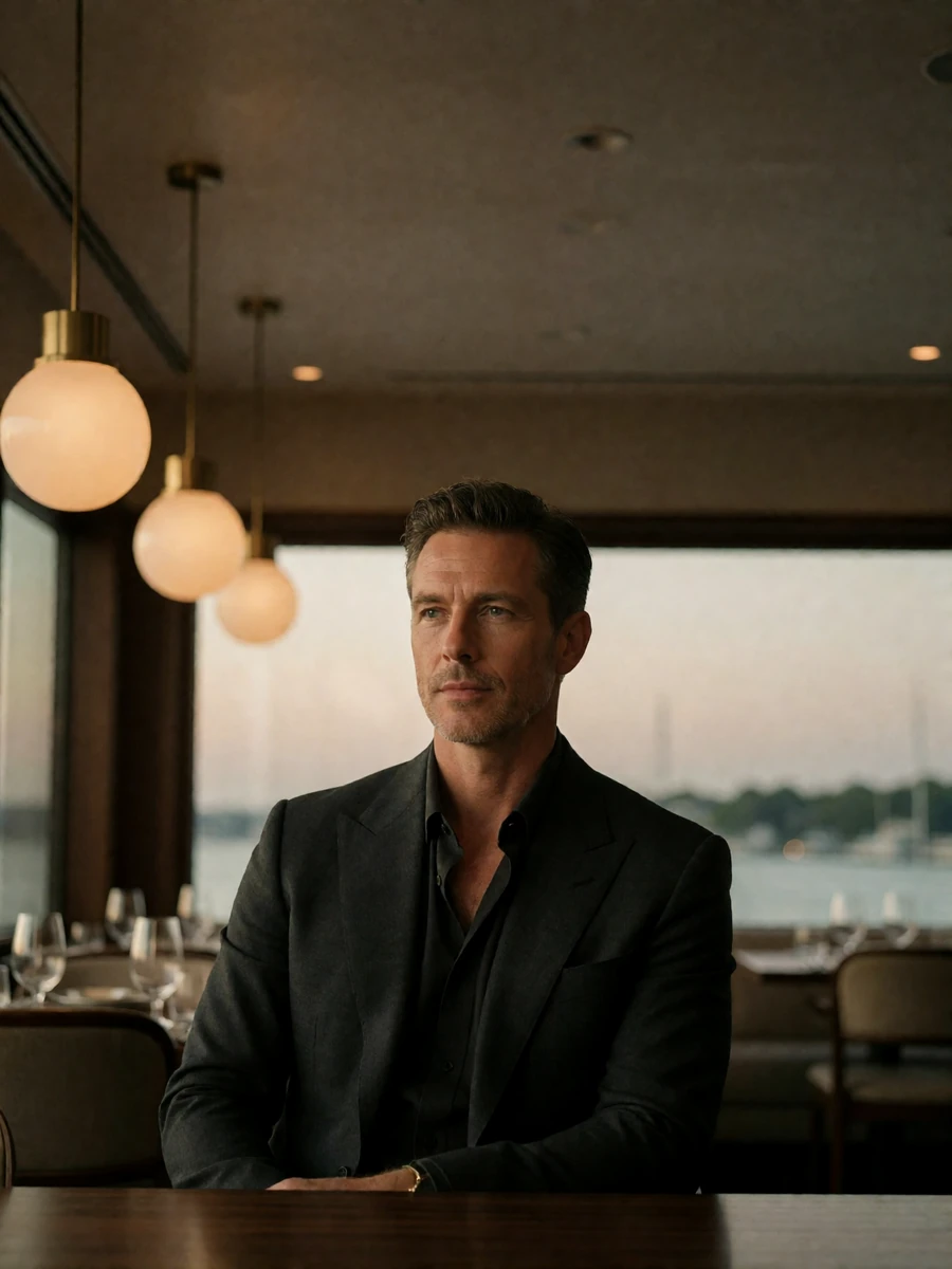 Composed man in a charcoal suit seated at a table in an upscale harbor-side restaurant, an illustrative Boston member profile portrait