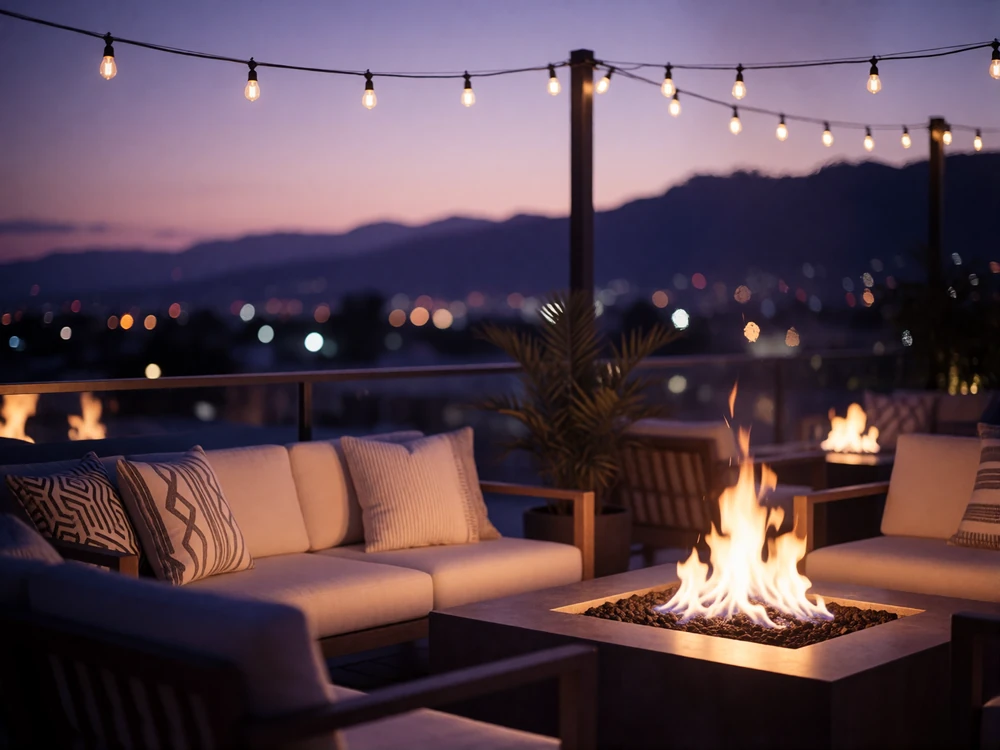 Downtown Phoenix rooftop lounge at dusk with low seating, a fire table and city lights beyond