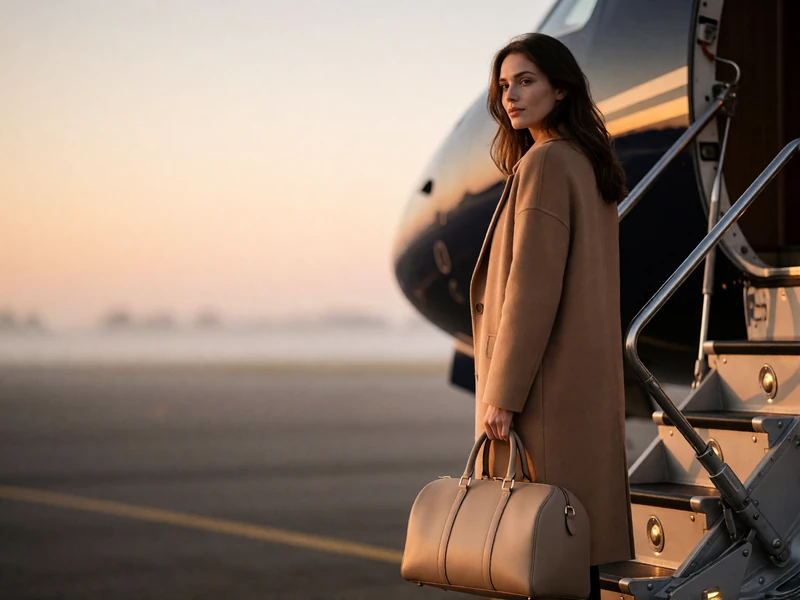 Elegant woman in a camel cashmere coat at the foot of a private aircraft airstair at dawn