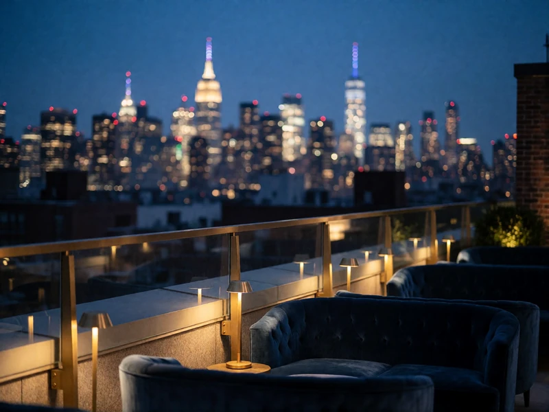 Empty rooftop lounge terrace with low velvet seating overlooking the illuminated Manhattan skyline at blue hour