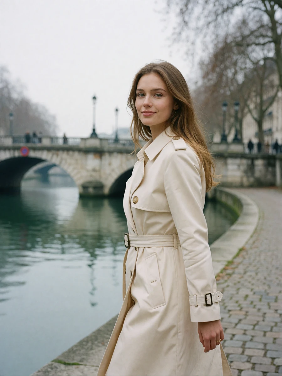Woman with light-brown hair in a cream trench coat walking along the downtown canal walk