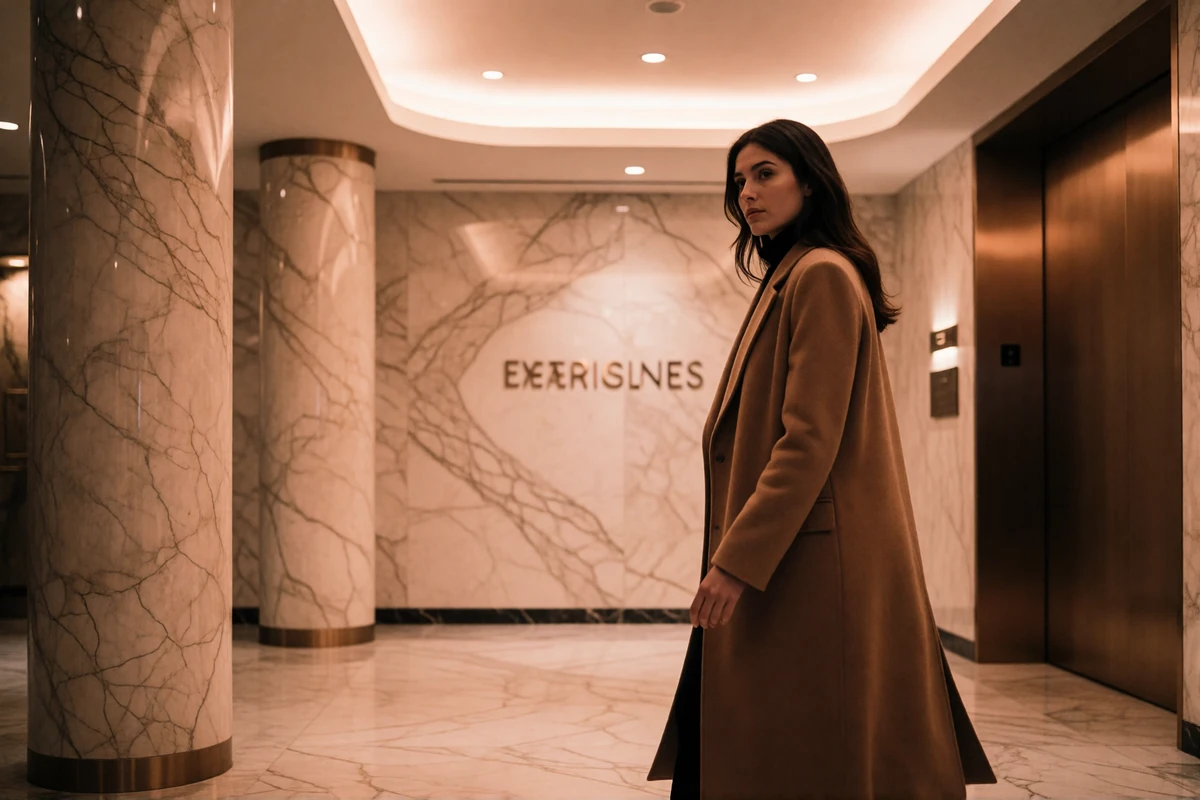 Woman in a camel coat walking through the marble lobby of an exclusive hotel, illustrating discreet arrivals for private sugar dating introductions