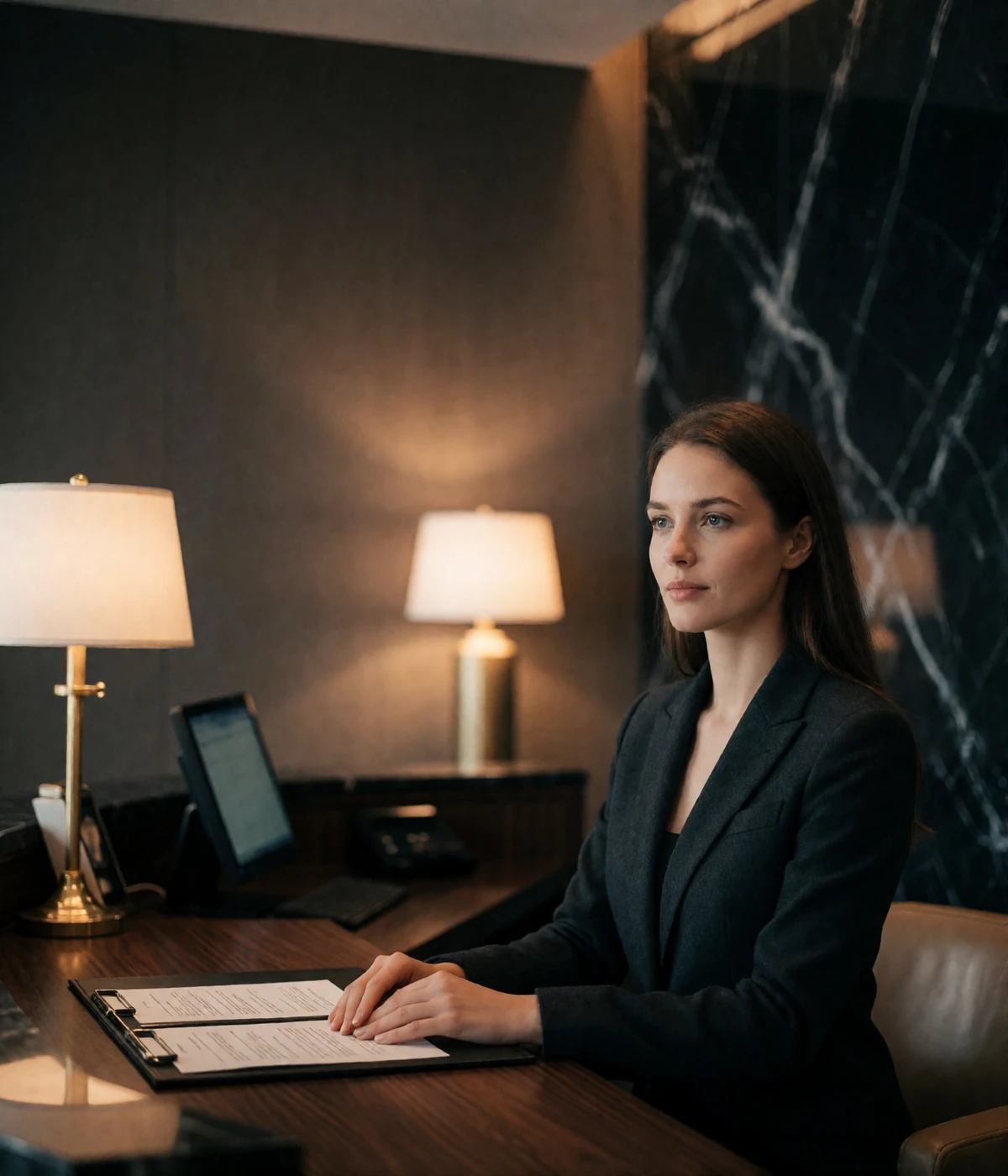 Poised concierge in a tailored charcoal blazer at a dark walnut desk in a quiet five-star hotel lobby