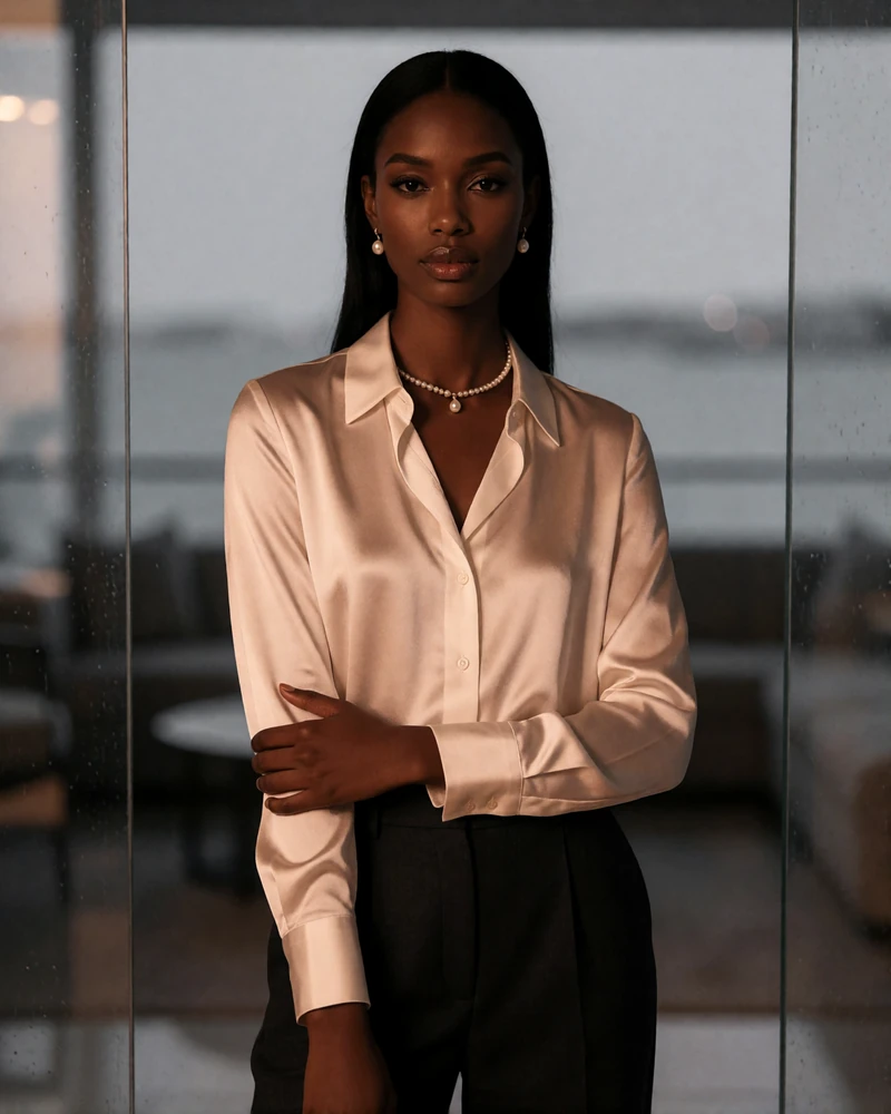 Woman with sleek black hair in a pearl-white silk blouse near South Lake Union, an illustrative Seattle member profile portrait