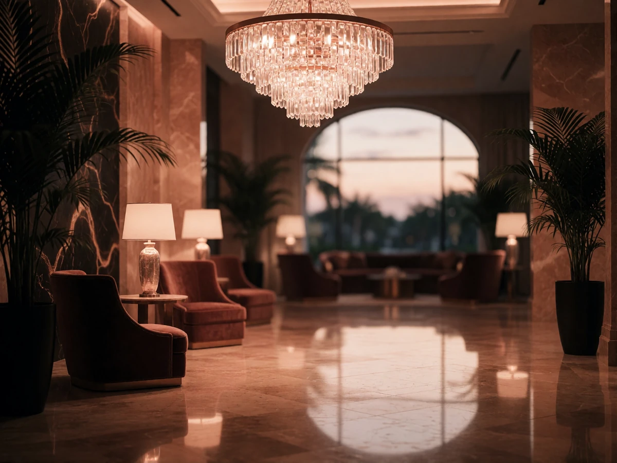 Grand Florida resort lobby lounge with a tiered crystal chandelier and marble floor in warm evening light