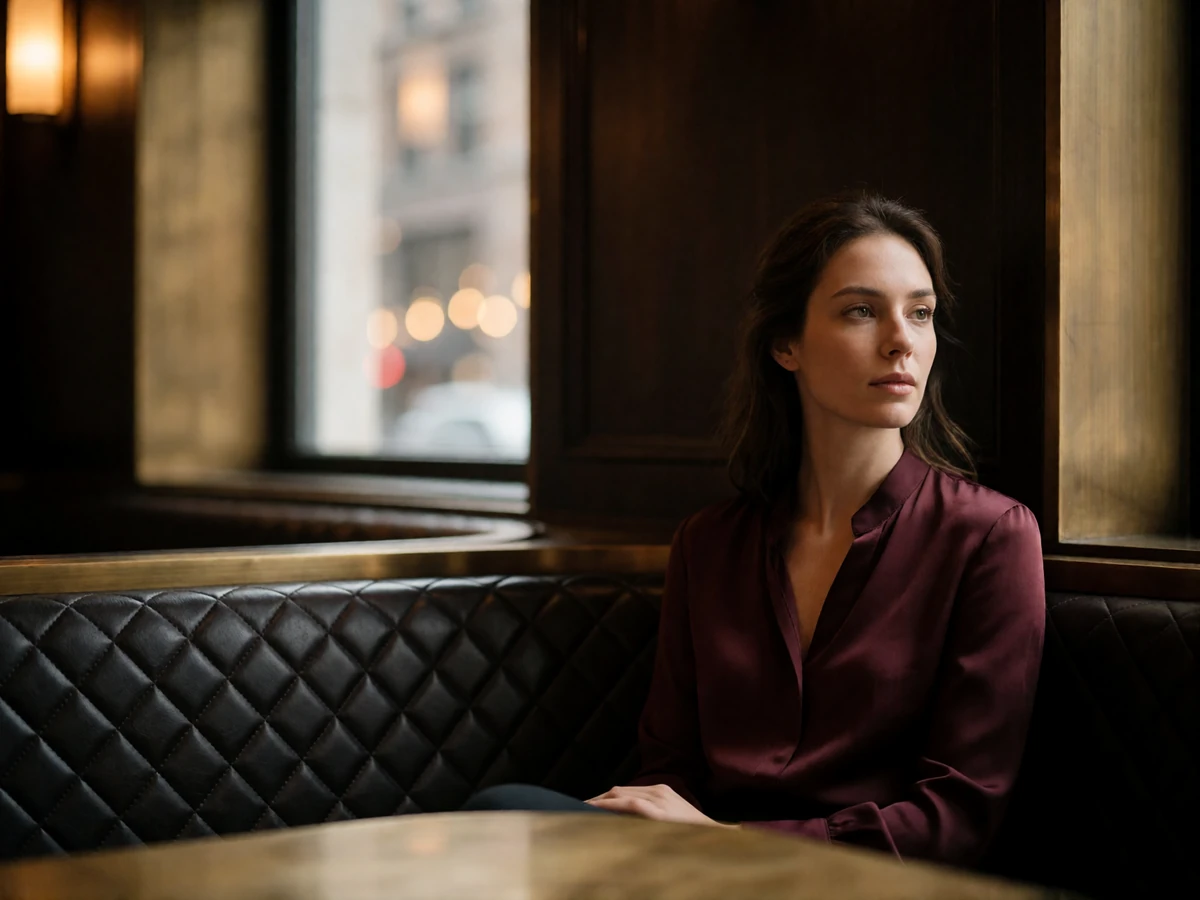 Composed woman at a corner banquette in a dark-panelled Chicago fine-dining room