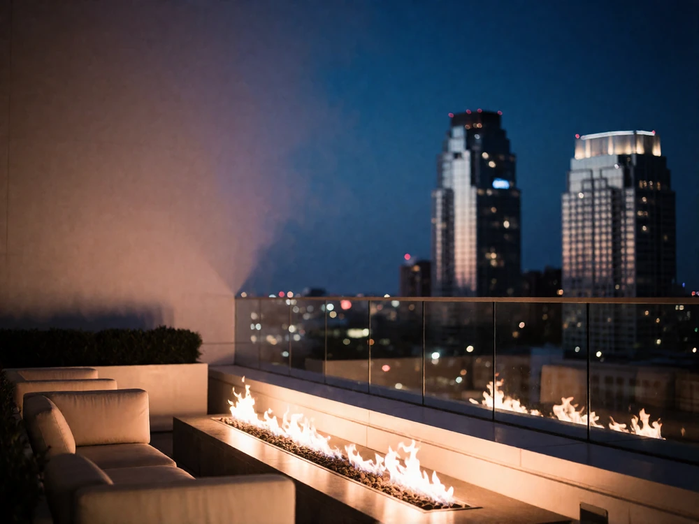Uptown Dallas rooftop terrace lounge at dusk with a fire feature and city skyline