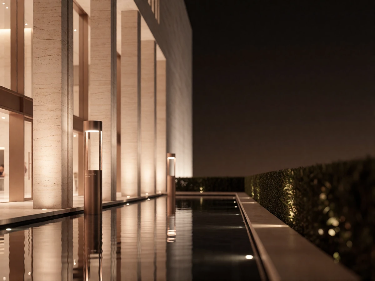 Museum District plaza in Houston with a reflecting pool and warm uplights at dusk, a setting local members favor for evening walks