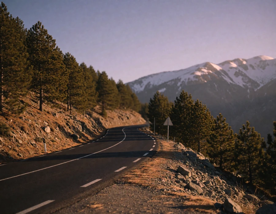 Empty two-lane mountain road curving toward pine-covered slopes and distant snow-touched peaks