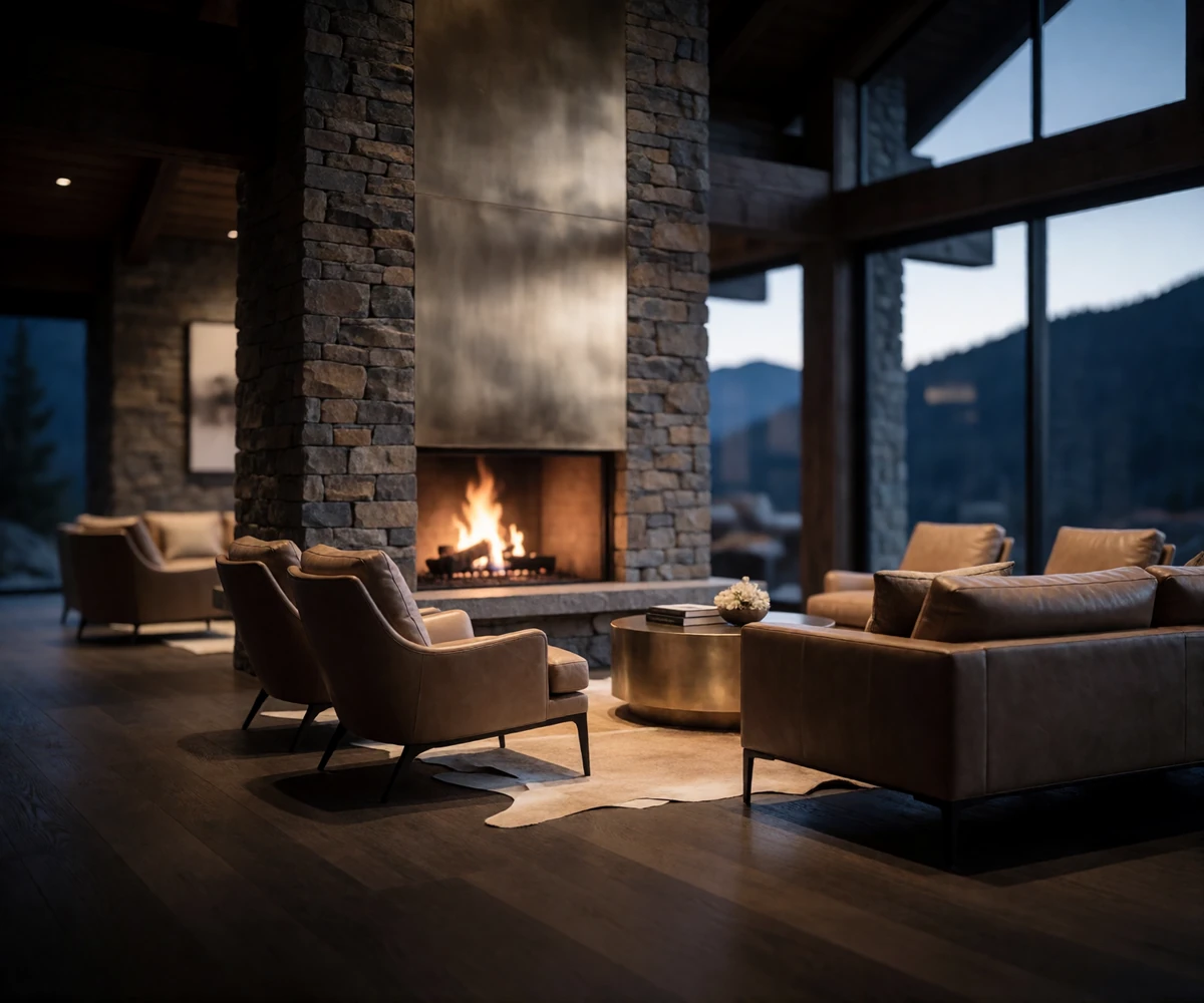 Contemporary mountain lodge lounge with a stone fireplace and leather seating overlooking a dusk mountain silhouette