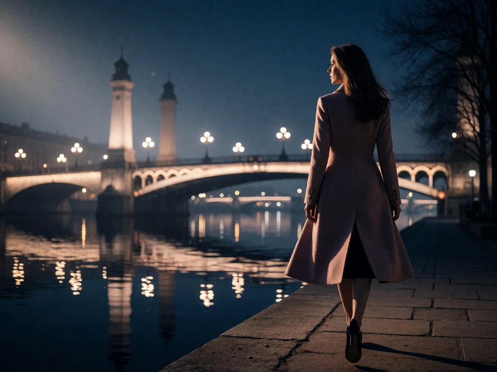 Woman in a tailored coat walking along the Chicago riverwalk at evening with illuminated towers reflected in the water