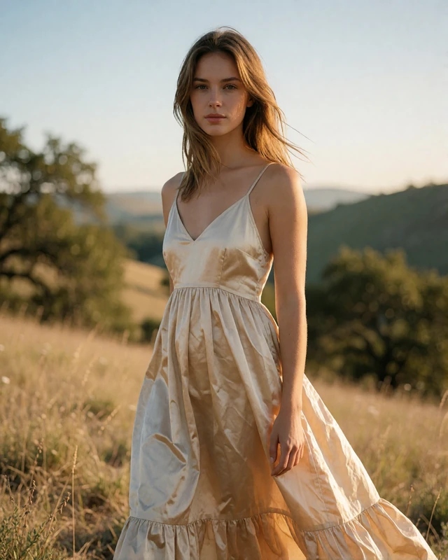 Woman with light brown hair in a champagne sundress in a golden-hour Hill Country landscape, an illustrative member profile portrait