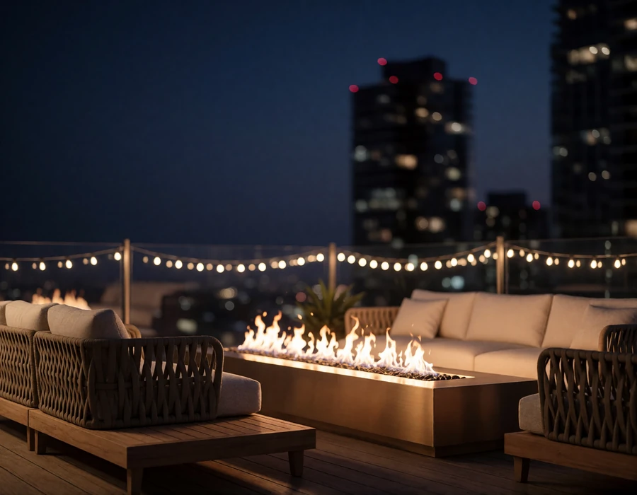 Rooftop lounge terrace in Midtown Atlanta with low seating and a glowing fire feature at dusk