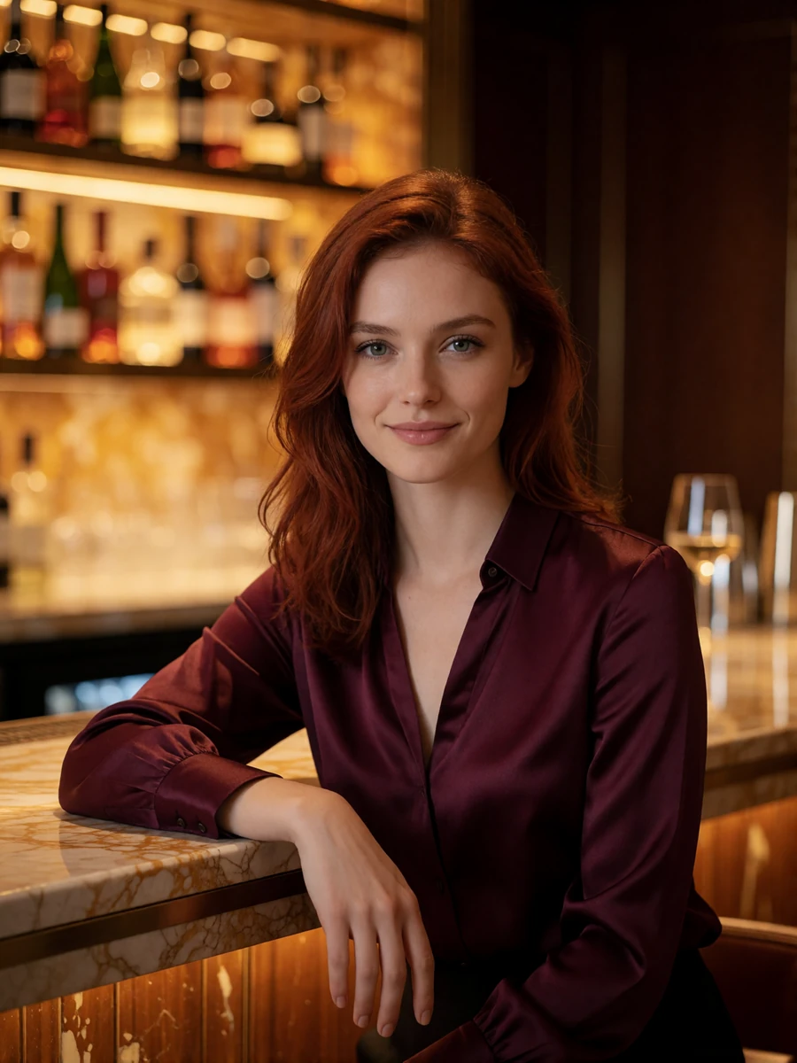 Woman with auburn hair in a wine-colored blouse seated at a marble hotel bar counter