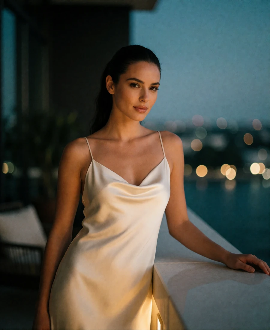 Poised woman in an ivory satin dress on a Miami high-rise terrace at blue hour, an illustrative member profile portrait