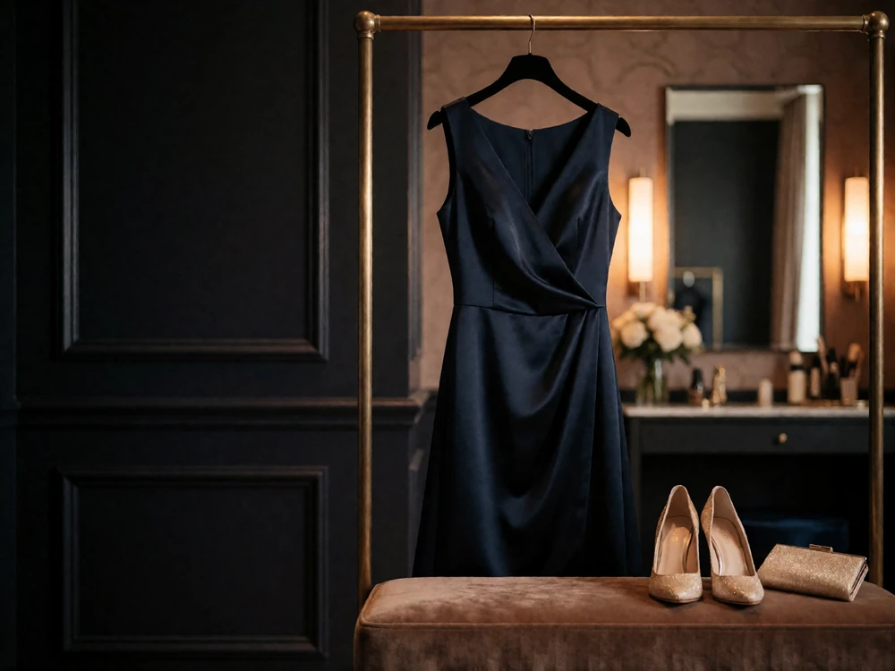 Dark satin evening dress on a brass rail beside heeled shoes and a small clutch, prepared for an evening date