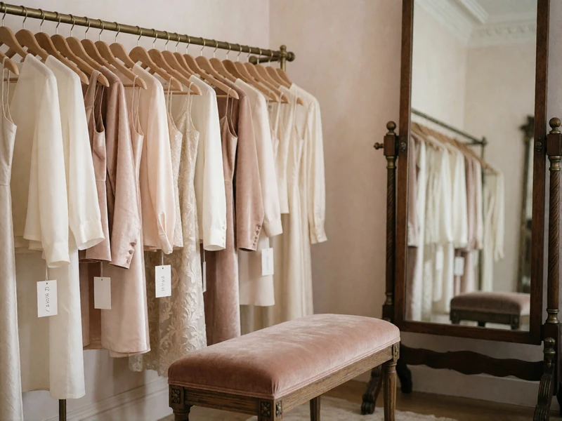 Elegant boutique interior with a curated garment rail and fitting bench, styling reference for Houston dating attire