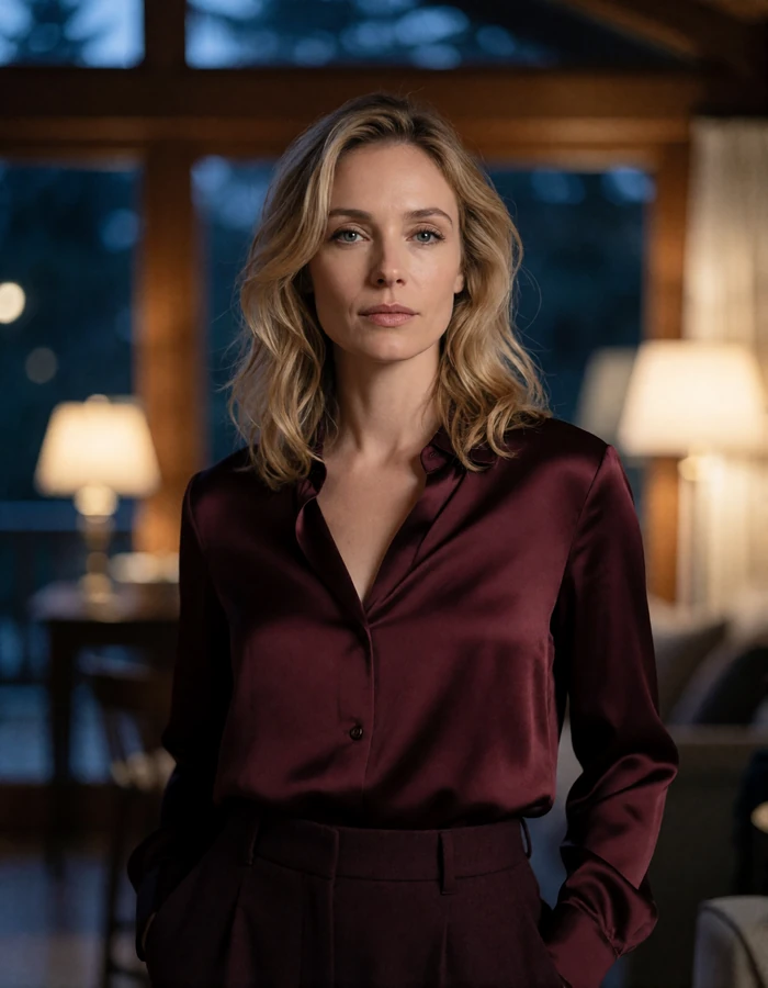 Woman with blonde waves in a burgundy silk blouse in a warm timber interior, an illustrative member profile portrait