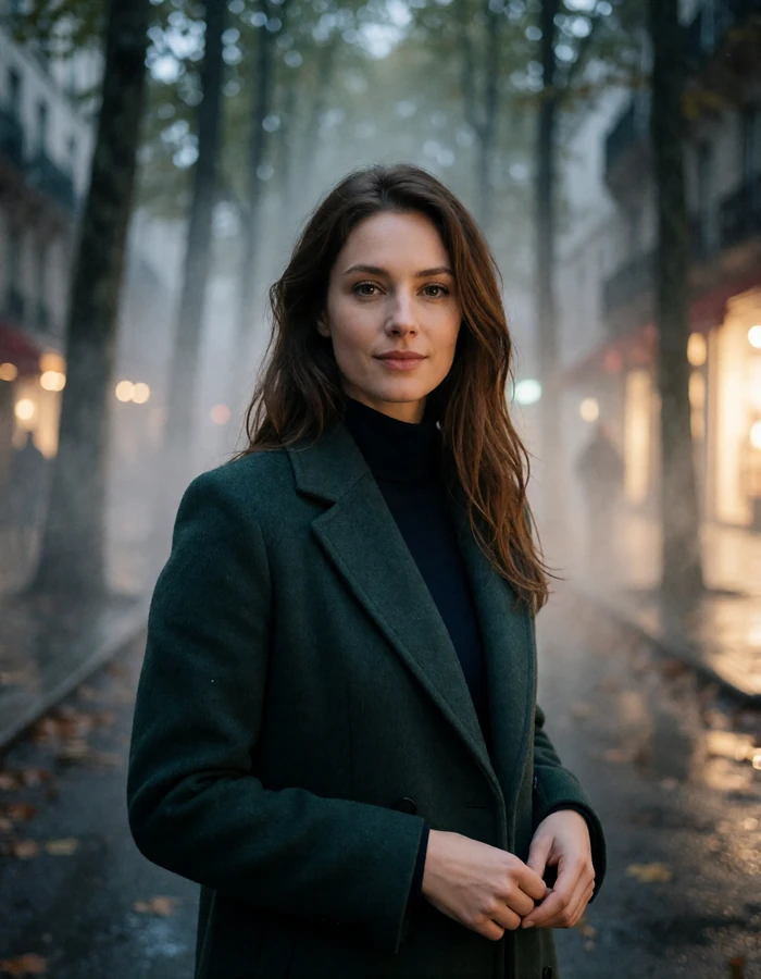 Woman with long chestnut hair in a forest-green wool coat on a tree-lined Portland street, an illustrative member profile portrait