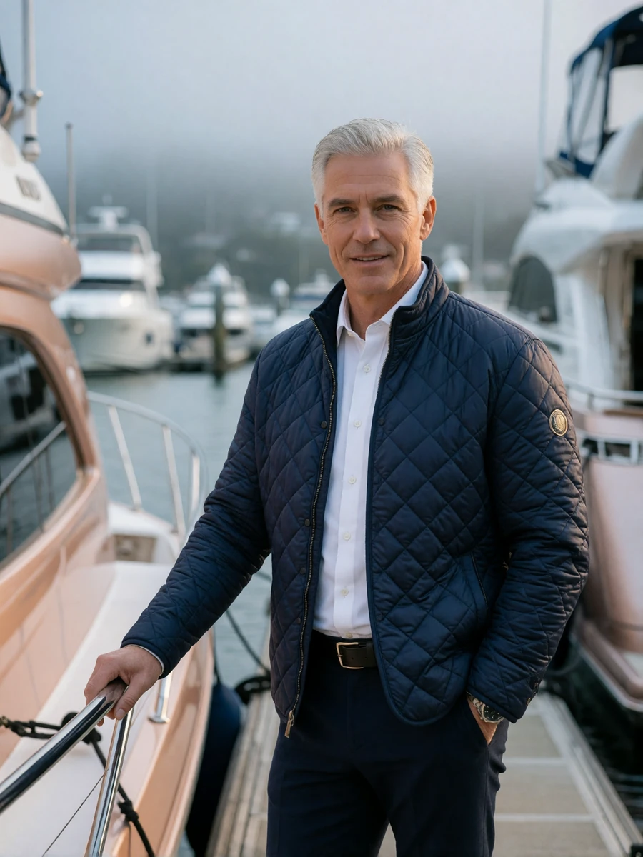 Silver-haired man in a navy quilted jacket on a private marina dock in Seattle, an illustrative member profile portrait