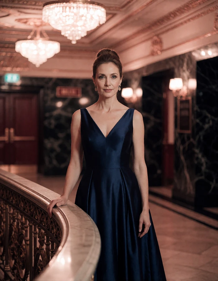 Woman in her fifties in a midnight-blue gown standing in a grand theatre foyer, an illustrative sugar mama profile portrait