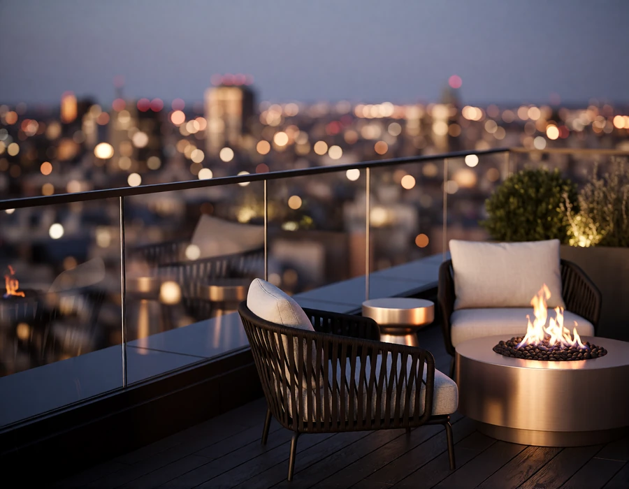 Rooftop lounge with a fire-bowl table and skyline view at dusk in downtown Nashville