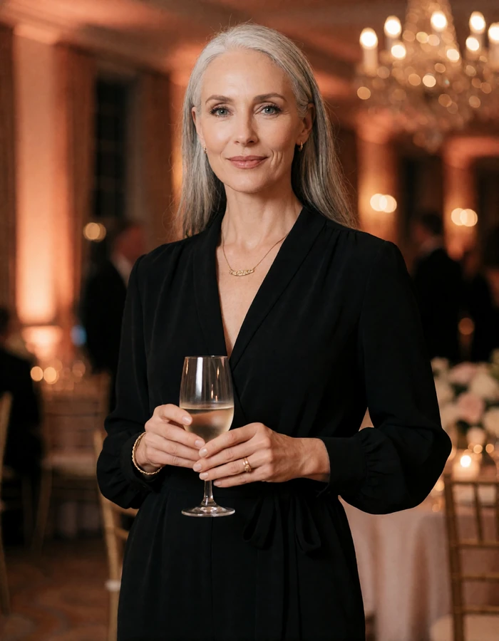 Poised woman with silver-streaked hair holding a glass at an evening gallery reception, an illustrative cougar dating profile portrait