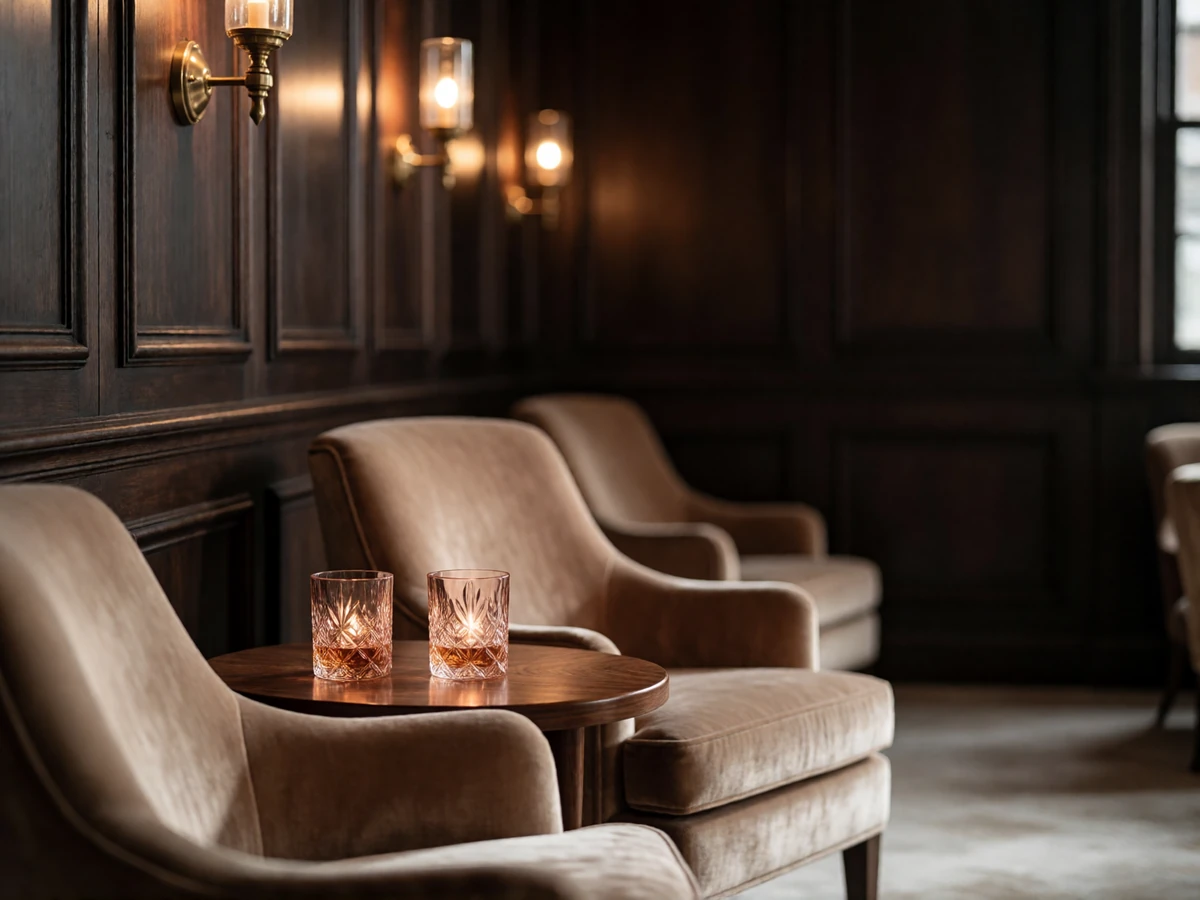 Private velvet-lined listening room lounge in Nashville with warm brass lighting, a setting for a discreet first meeting