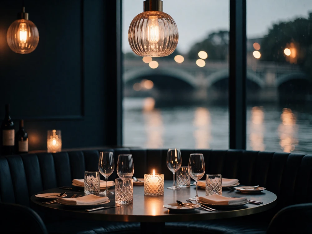 Elegant riverside fine dining room in Chicago with crystal glassware and floor-to-ceiling windows overlooking the illuminated river