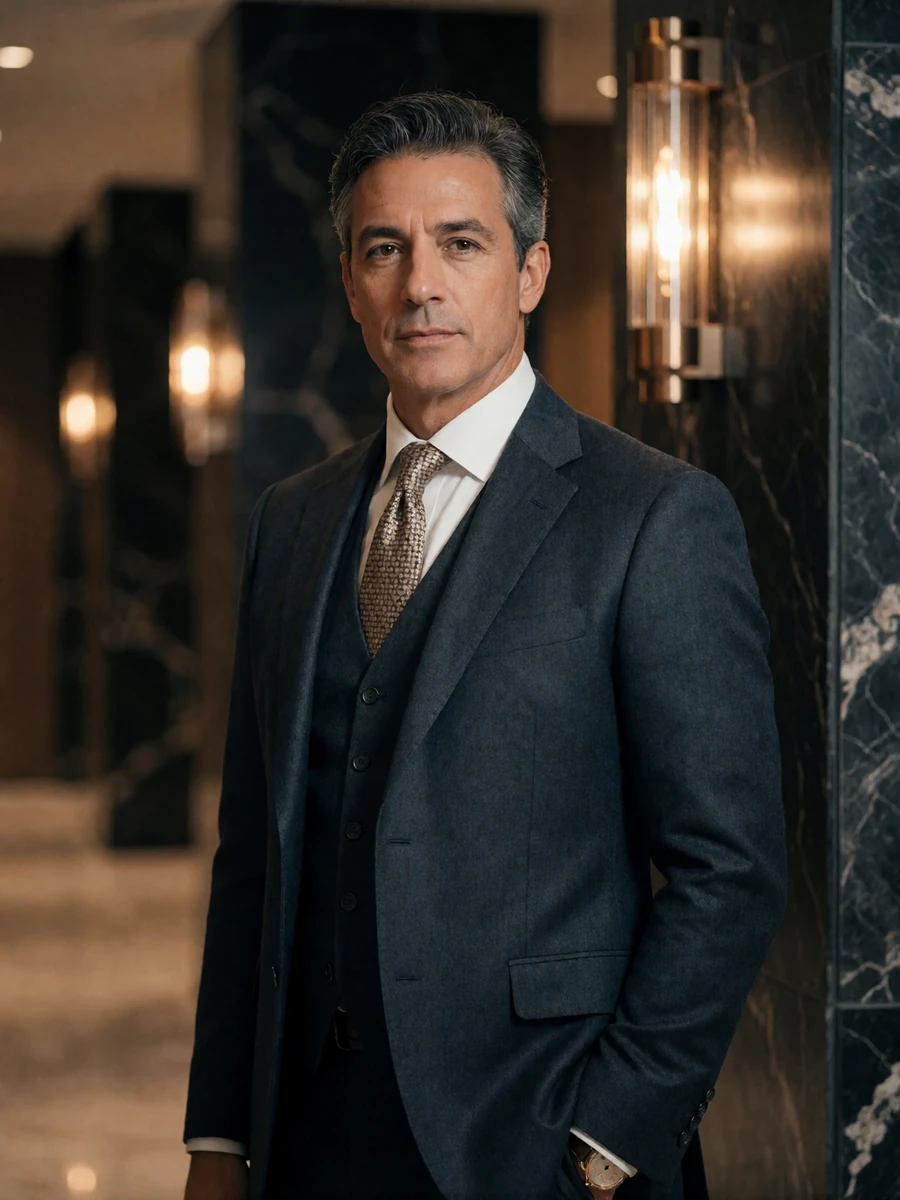 Distinguished man in a charcoal three-piece suit standing in a warm-lit modern office lobby, an illustrative Chicago member profile portrait