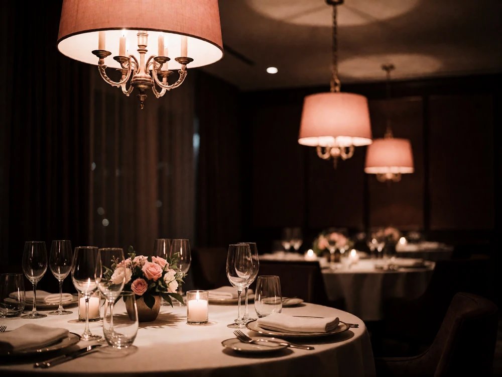 Intimate chef's-table dining room set with ivory linen, crystal stemware and warm pendant light