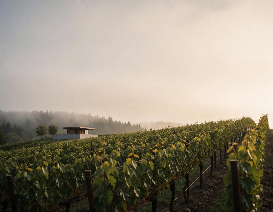Vineyard rows and gentle hills near a modern tasting pavilion outside Portland
