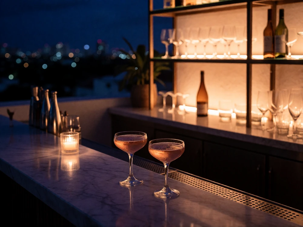 Rooftop cocktail bar at night with backlit shelving and skyline lights in the background