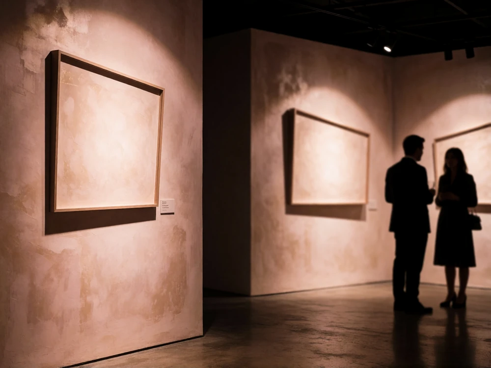 Design District gallery interior in Dallas with warm track lighting on polished concrete floors
